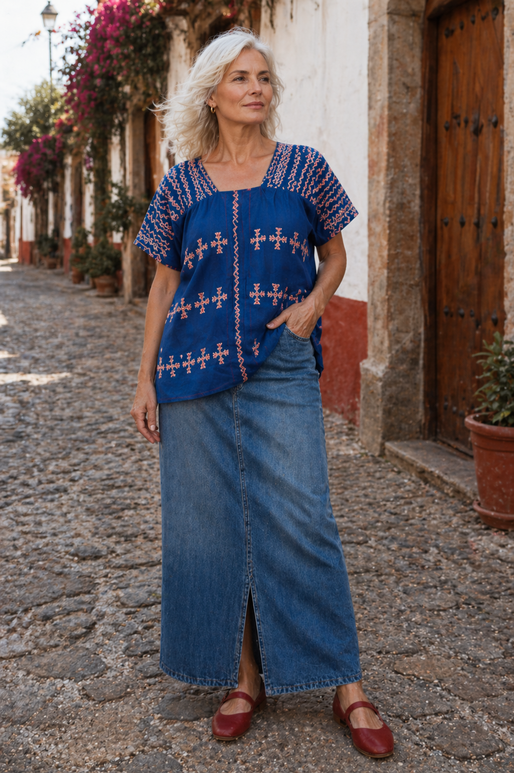 Huipil Corto Mexicano Azul Rosa