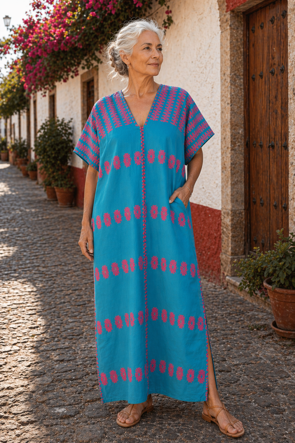 Huipil Largo Turquesa Oscuro con Fucsia