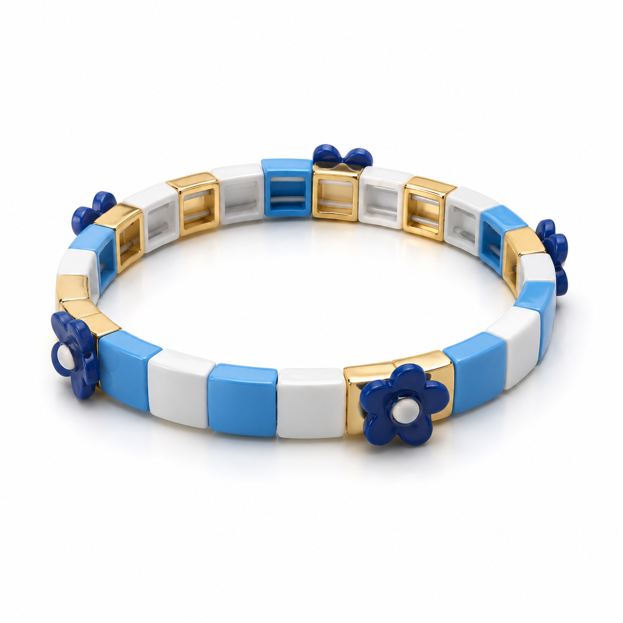 Pulsera Elástica Azul y Blanca con Flores Azules