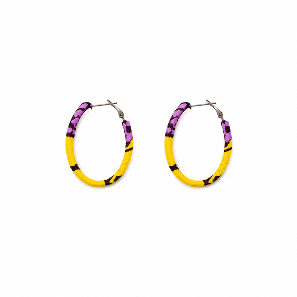Pendientes Tela Wax Africana Ovalado Amarillo Morado y Marrón