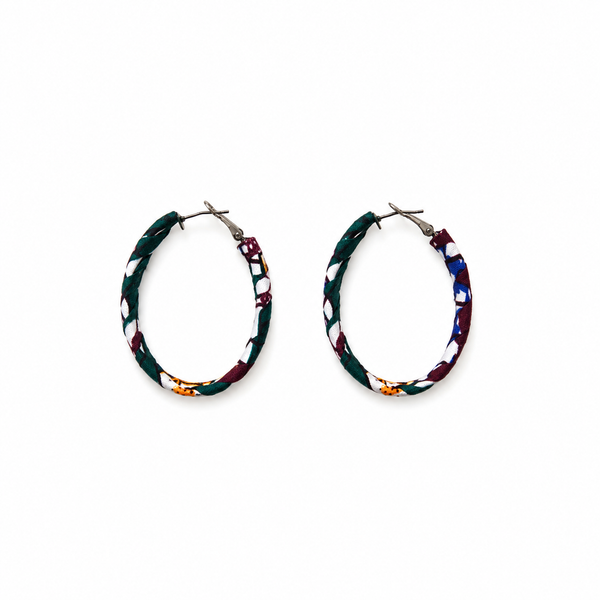 Pendientes Tela Wax Africana Ovalado Verde Marrón y Blanco