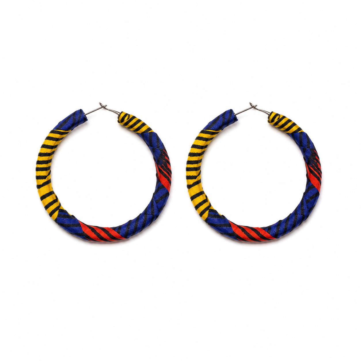 African Wax Fabric Round Mustard, Blue, and Red Earrings