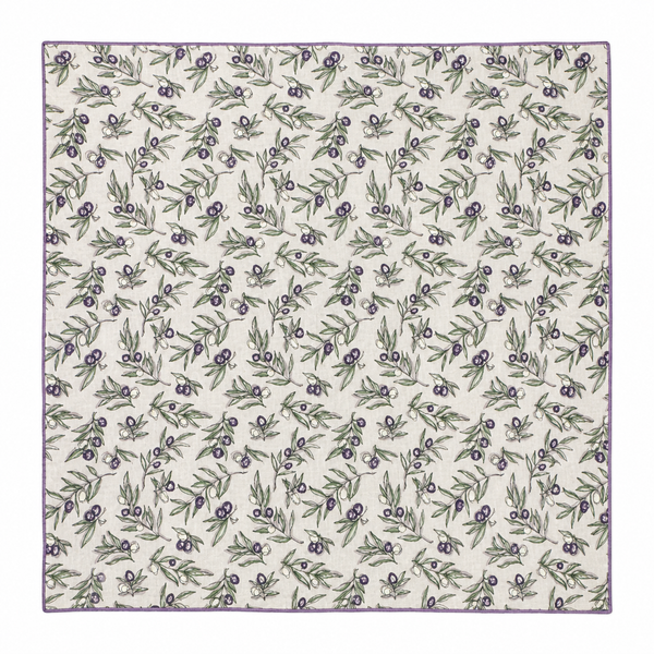 Pañuelo Algodón Fondo Blanco Olivas Moradas Borde Morado