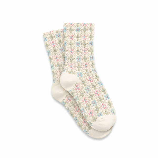 Calcetines Mujer Flores Fruncidas Bordadas Blanco Puntera Blanca