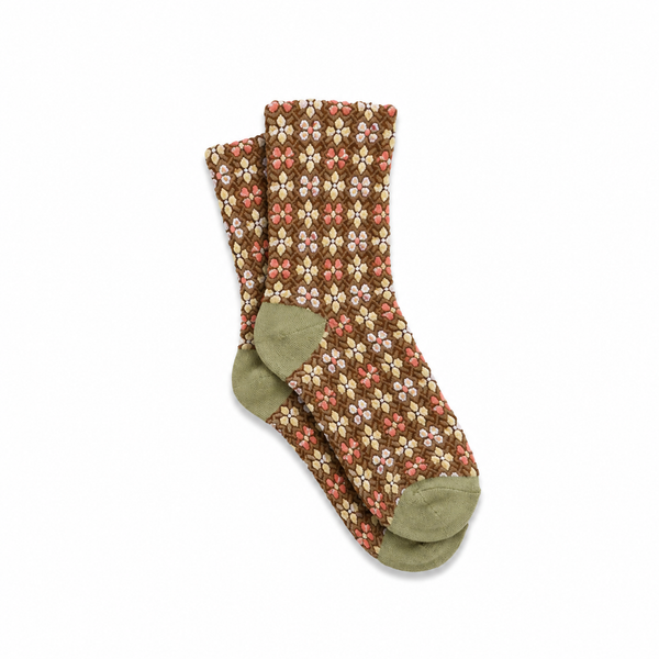 Green and Brown Embroidered Ruched Floral Women's Socks