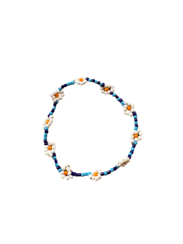 Pulsera Cuentas Bolitas Azul Claro Azul Oscuro con Flor Blanca y Naranja