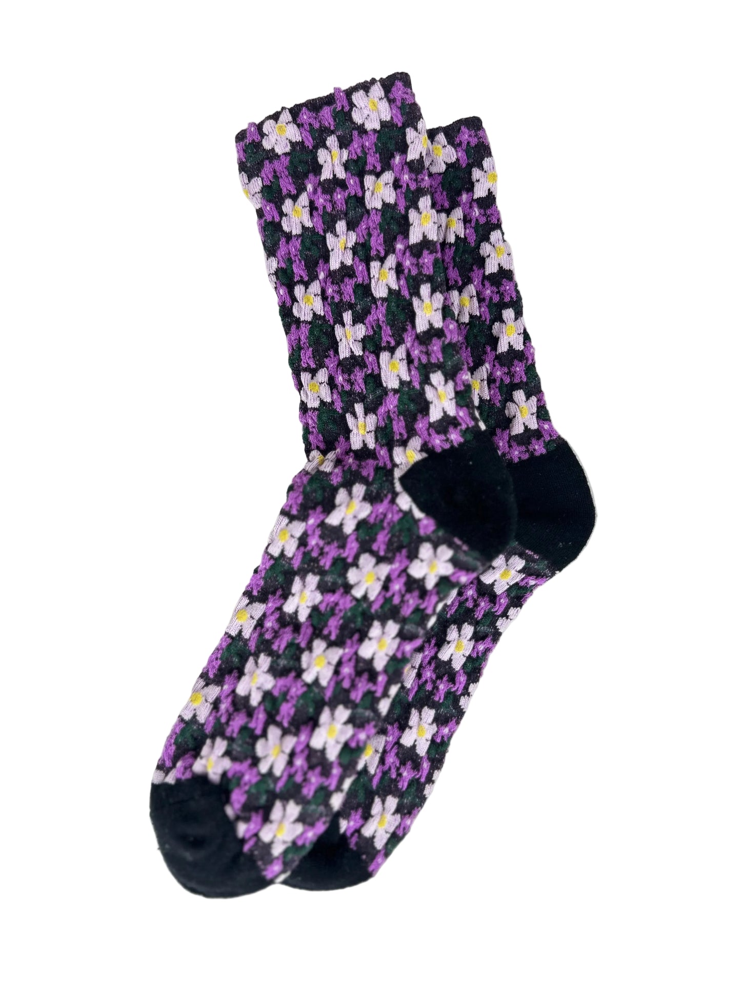 Calcetines Mujer Flores Fruncidas Morado Blanca Puntera Negra