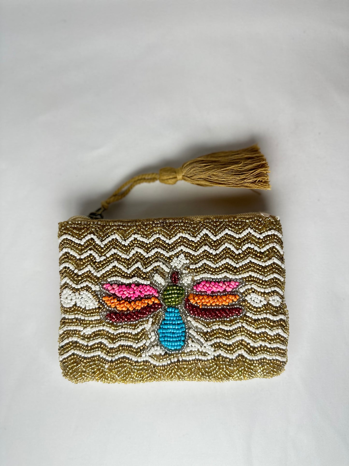 Monedero Cuentas Libélula Borla Beige Parte Detrás Tejido Alfombra