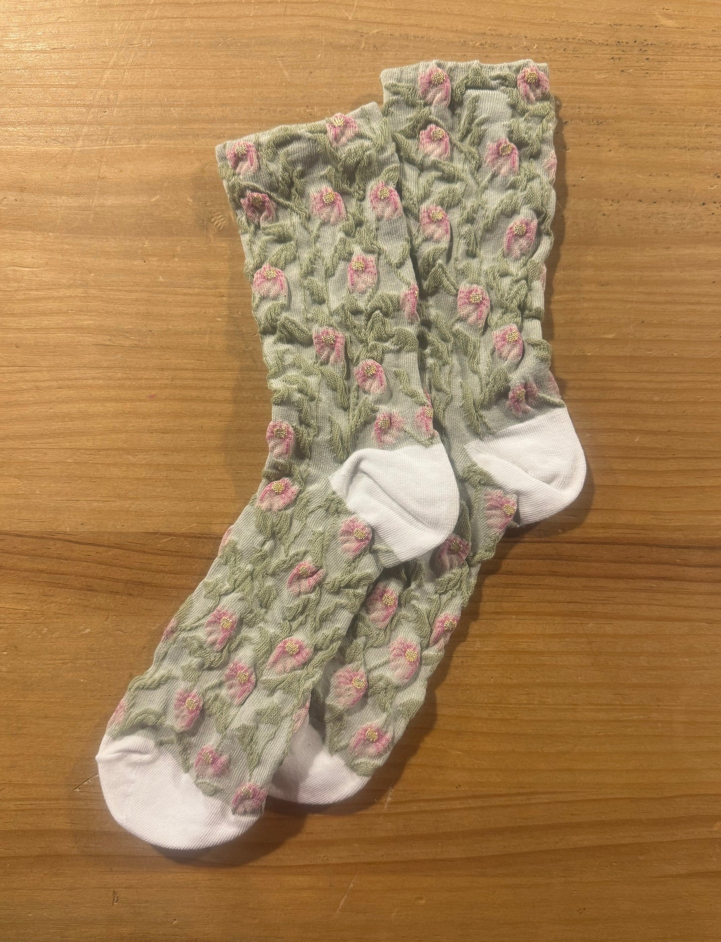 Calcetines Mujer Flores Fruncidas Verde Claro Flores Rosas