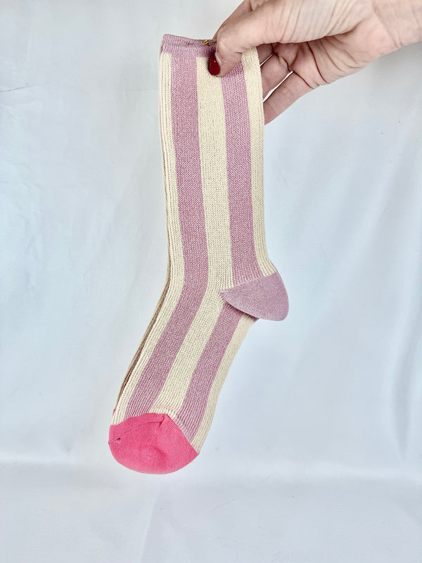 Calcetines Mujer Rayas Rosa y Crudo Puntera Fucsia