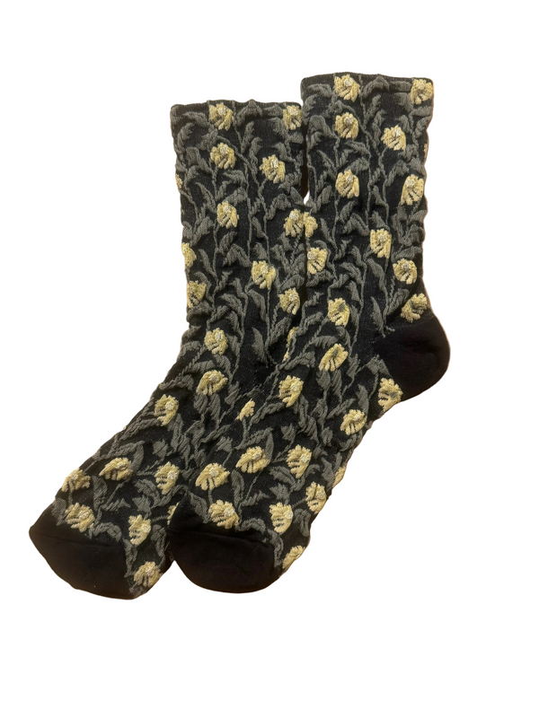 Calcetines Mujer Flores Fruncidas Negro Flores Amarillas