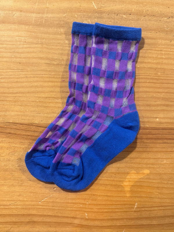 Calcetines Media Transparente Infantil Cuadros Azul y Morado
