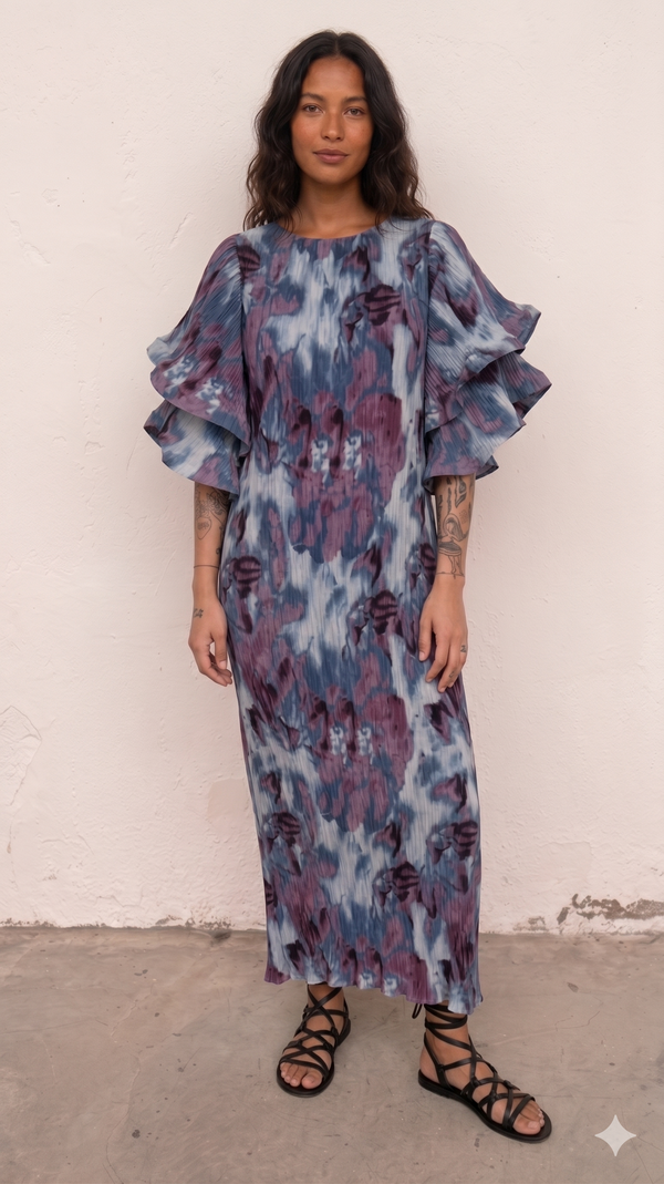 Vestido Plisado con Mangas En Volantes Morado