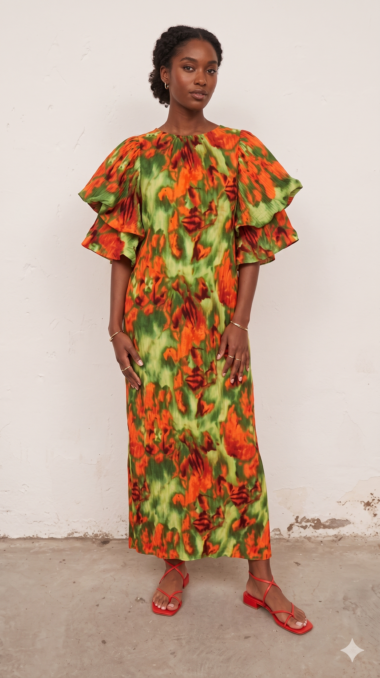Vestido Plisado con Mangas En Volantes Verde Naranja