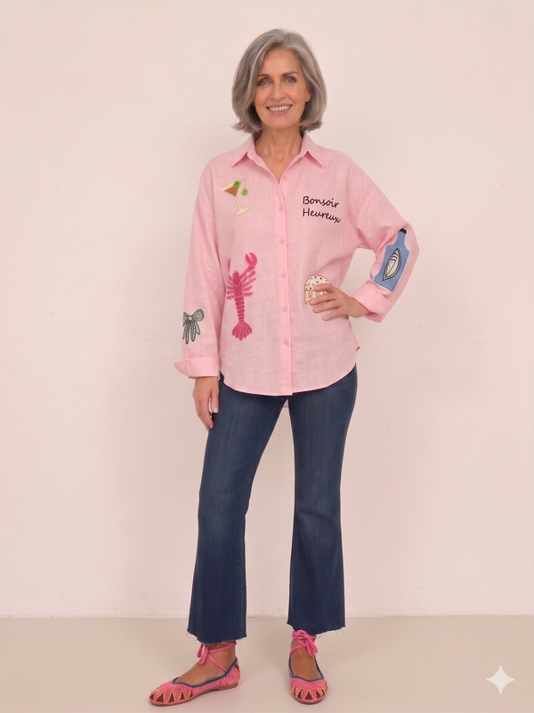 Blusa o Camisa Lino Rosa Bordada