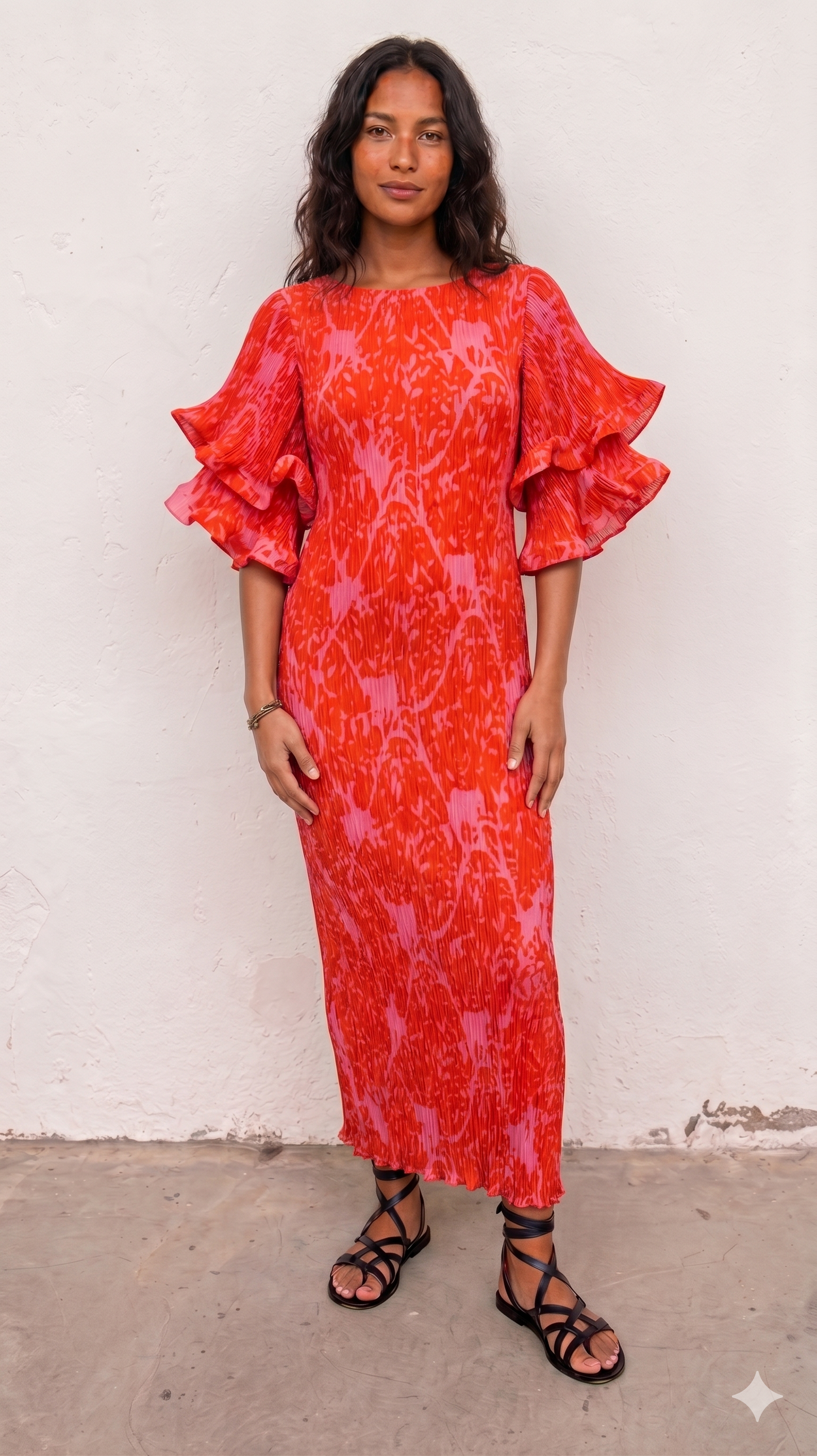Vestido Plisado con Mangas En Volantes Naranja Rosa
