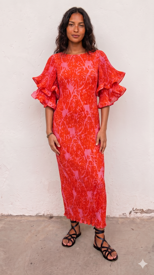 Vestido Plisado con Mangas En Volantes Naranja Rosa