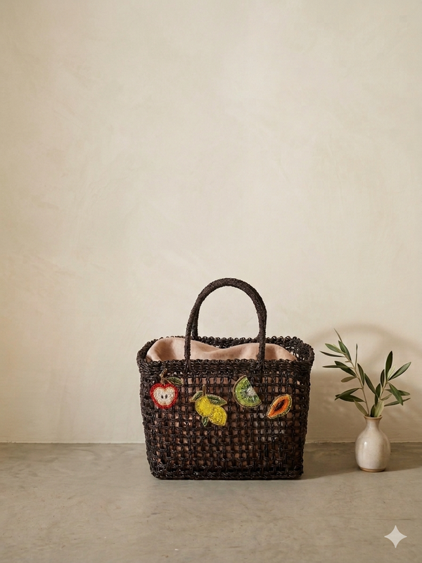 Bolso Capazo Cubo de Mano con Frutas de Predería M Natural Negro