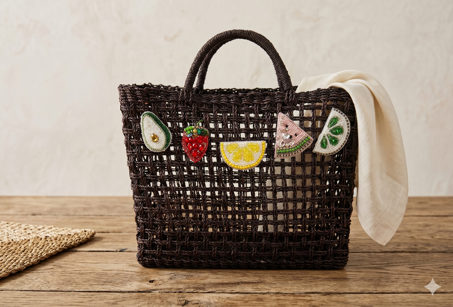 Bolso Capazo Cubo de Mano con Frutas de Predería L Natural Negro