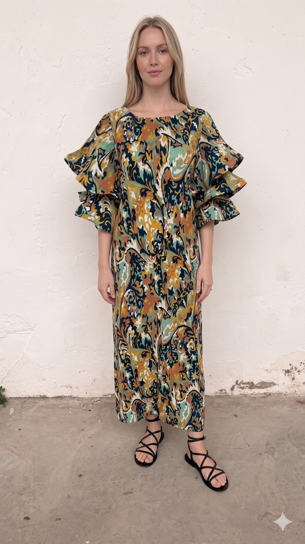 Vestido Plisado con Mangas En Volantes Pasley Azul y Beige