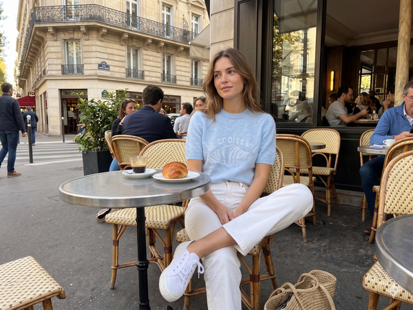 Top o Jersey Manga Corta Croissant Azul y Blanco
