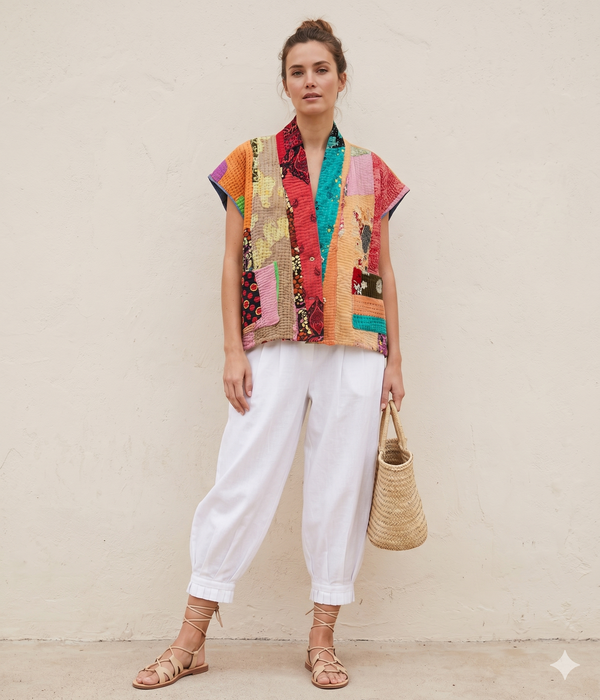 Chaleco Kimono Multicolor Tela Kantha Botones Pedrería