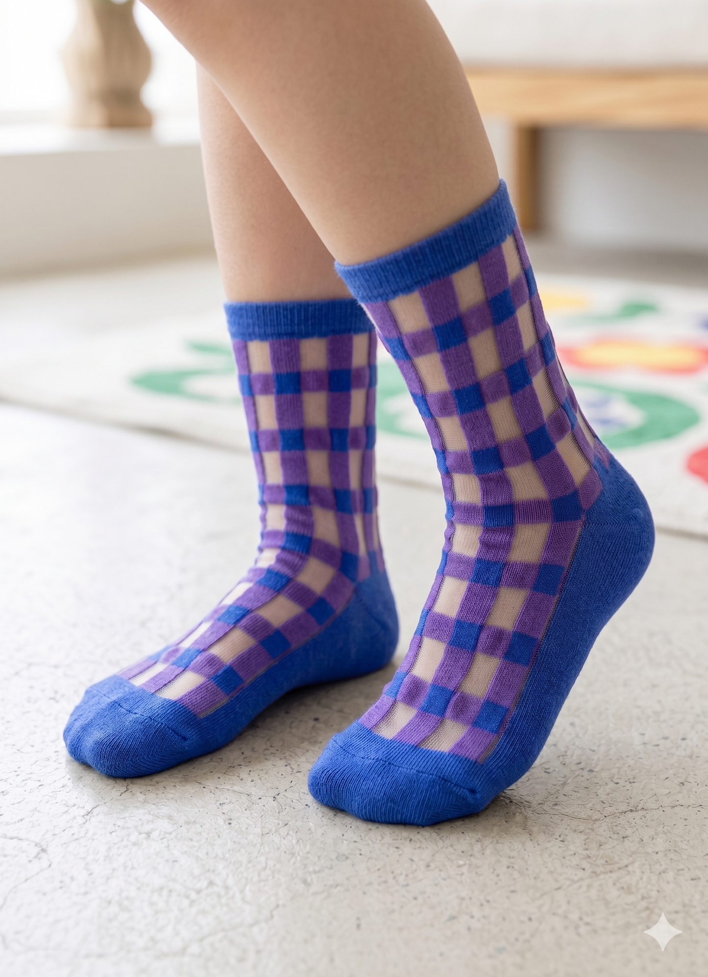 Calcetines Media Transparente Infantil Cuadros Azul y Morado