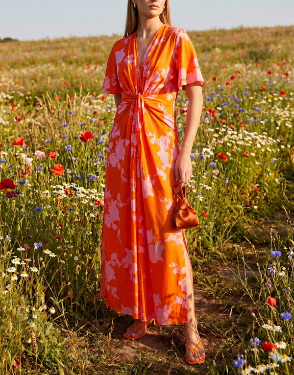 Vestido Flores Rosa Naranja