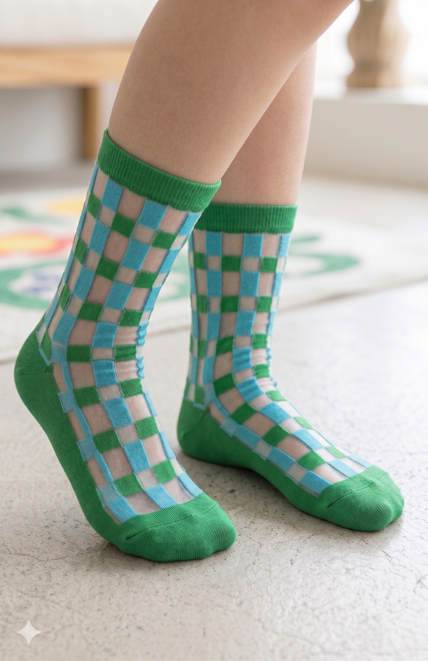 Kids' Sheer Plaid Green and Turquoise Socks