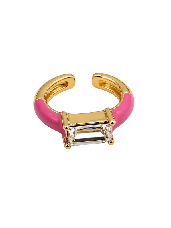 Anillo Ajustable Esmalte Rosa Con Piedra Rectangular