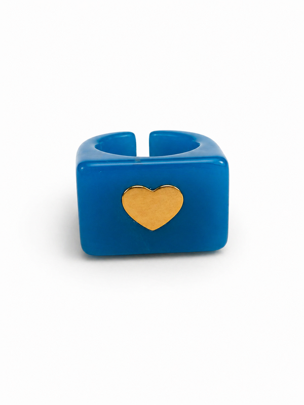 Anillo Resina Azul Turquesa con Corazón Dorado
