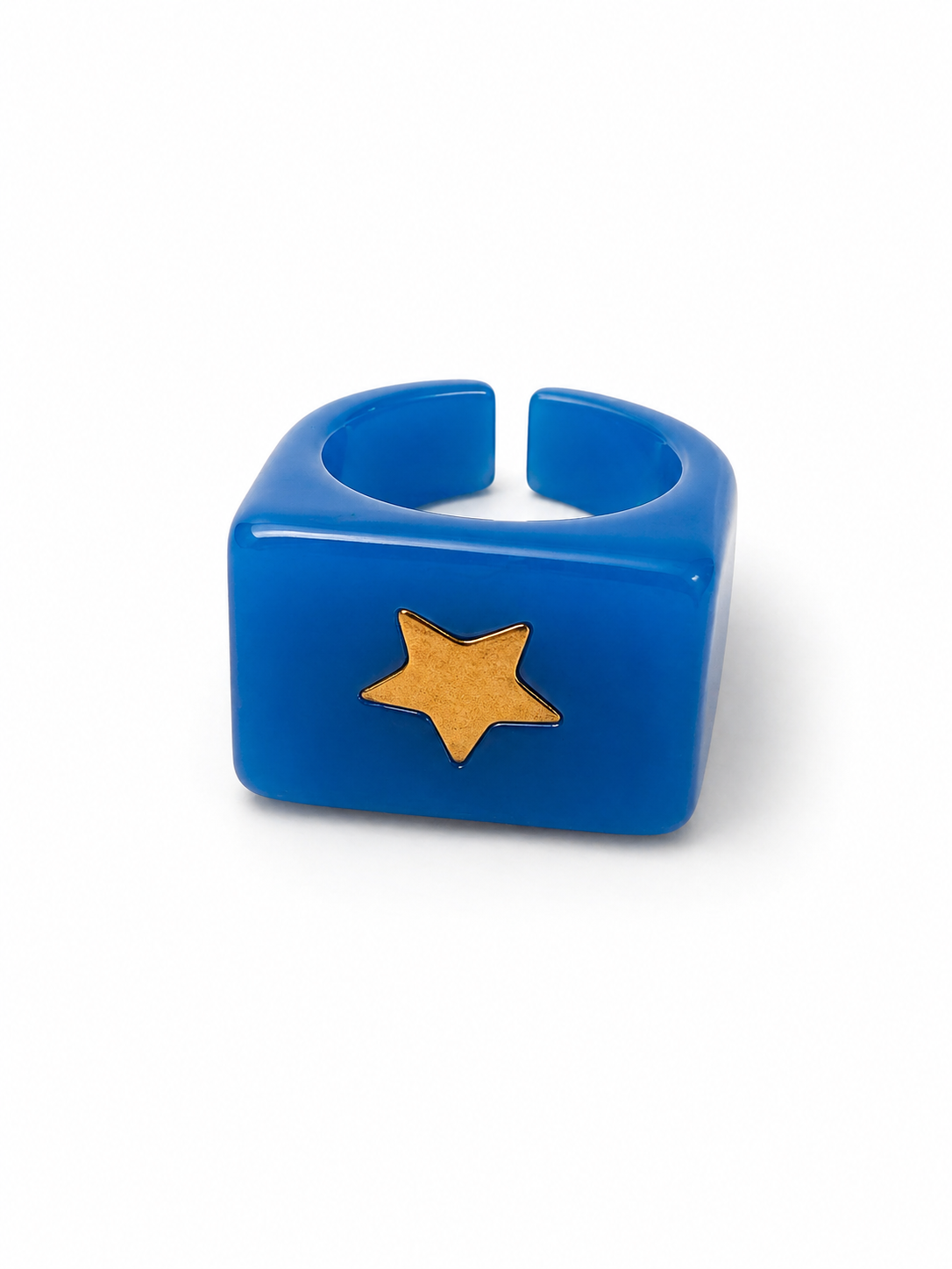 Anillo Resina Azul Turquesa con Estrella Dorado