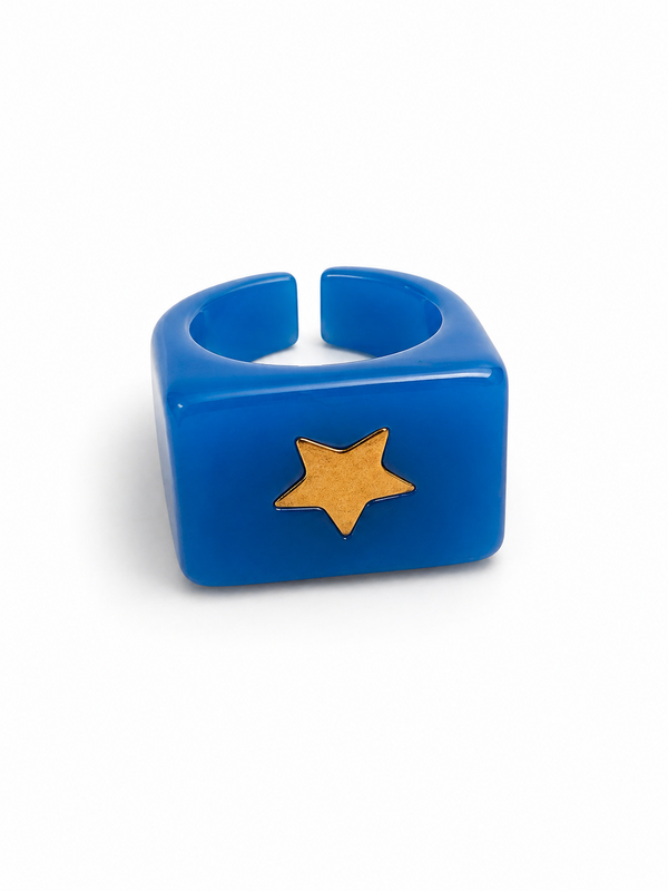 Anillo Resina Azul Turquesa con Estrella Dorado
