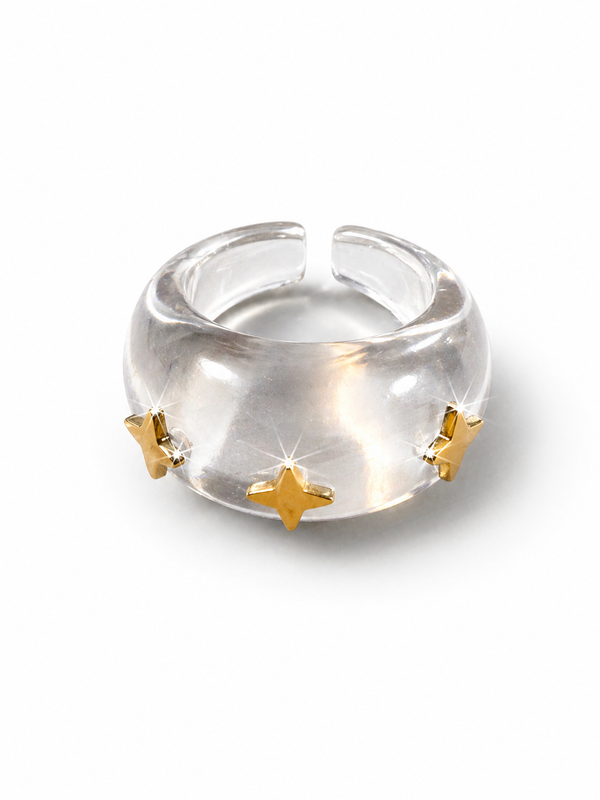 Anillo Resina Transparente con Adornos en Forma de Destello Dorados