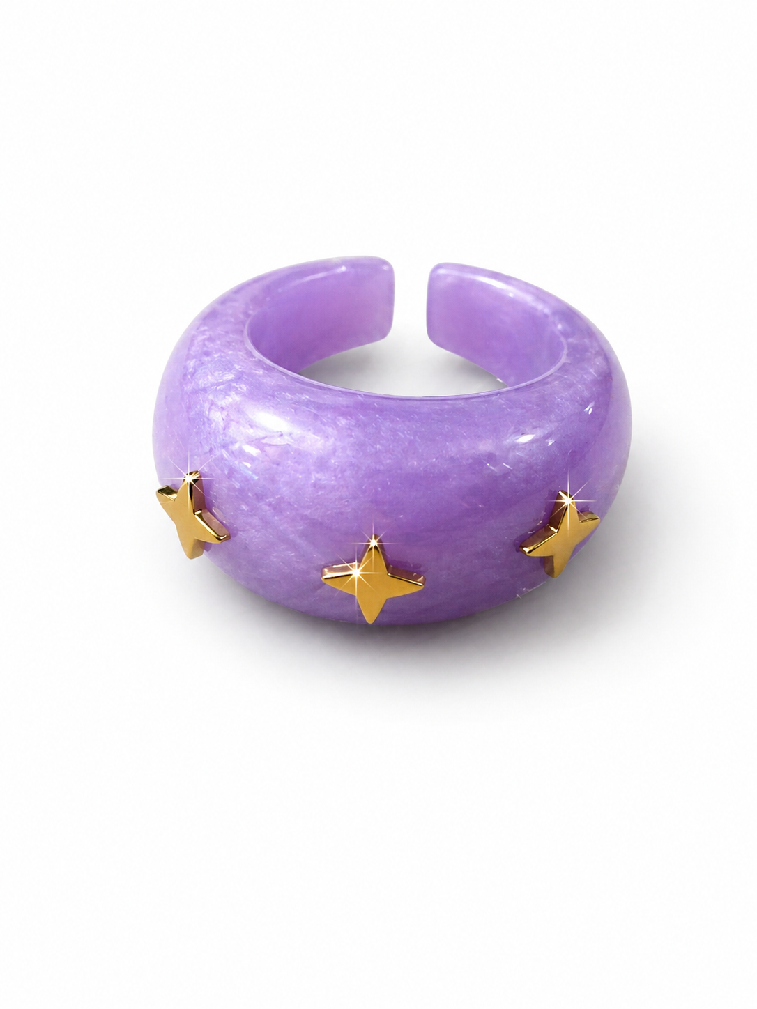 Anillo Resina Morado Nacarado con Adornos en Forma de Destello Dorados