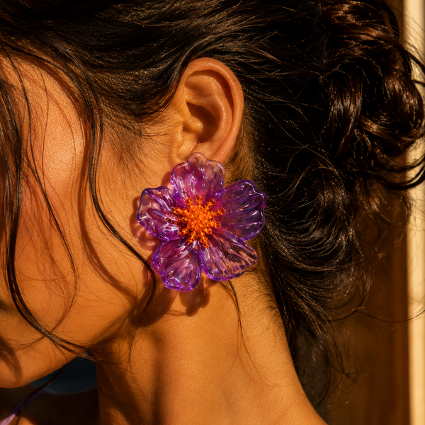 Pendientes Flor Transparentosa Morado Con Estambres Naranja