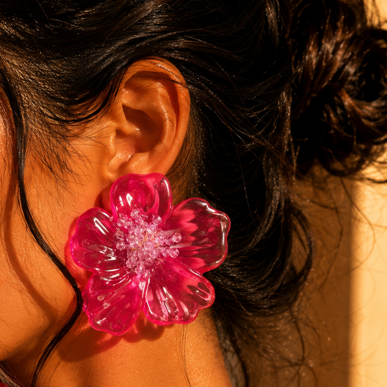 Pendientes Flor Transparentosa Rosa Con Estambres Malva