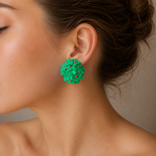 Pendientes Bola Flores Lentejuelas Verde con Fucsia