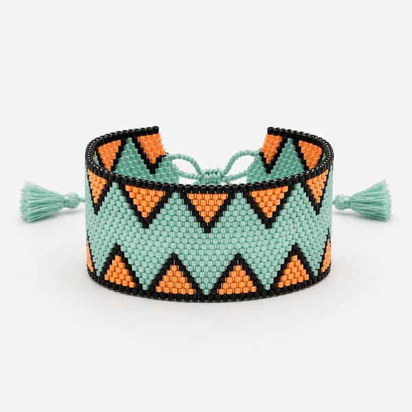 Pulsera Miyuki Extra Ancha con Borlas Azul Negro Salmón