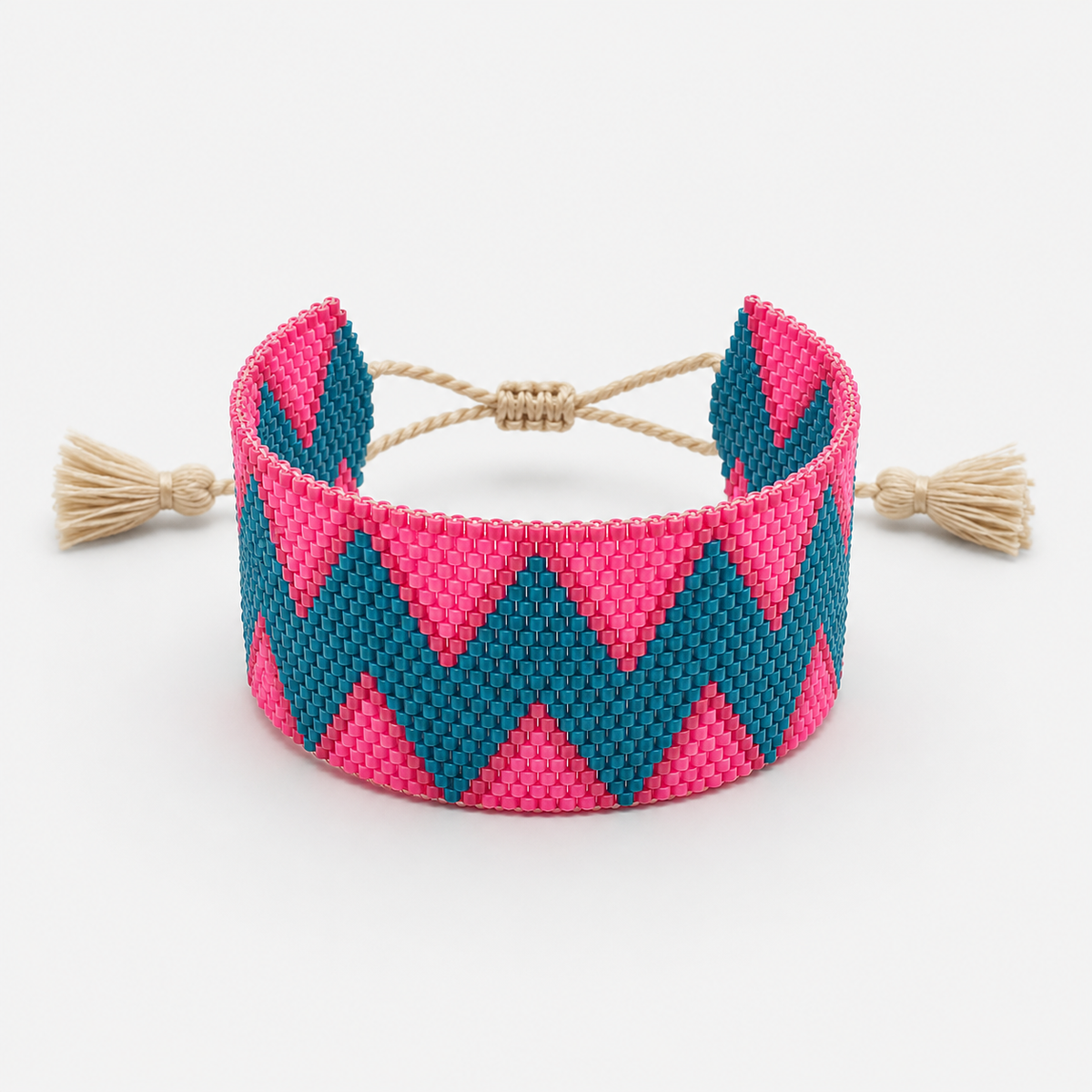 Pulsera Miyuki Extra Ancha con Borlas Turquesa y Rosa
