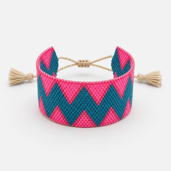 Pulsera Miyuki Extra Ancha con Borlas Turquesa y Rosa