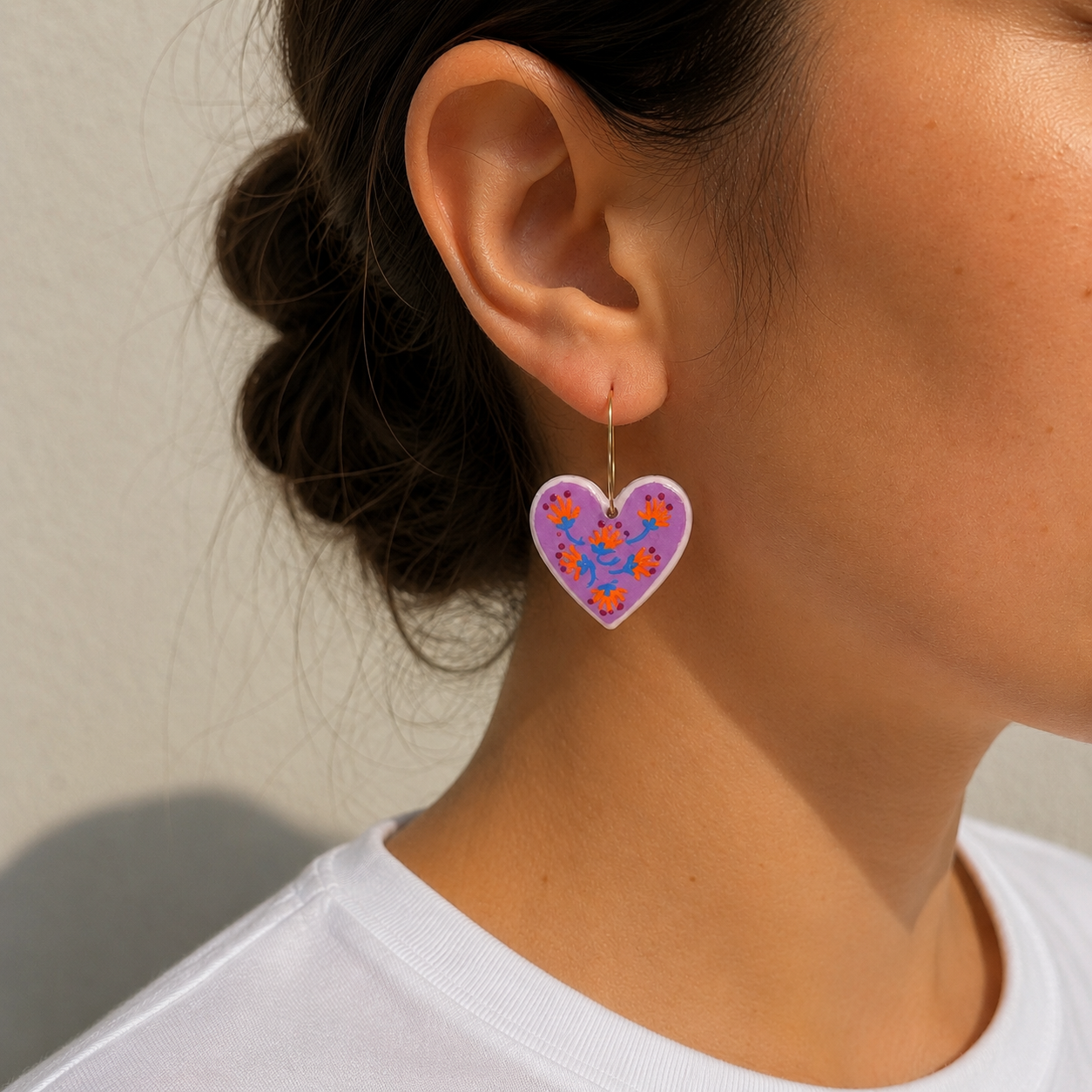 Gold Hoop Earrings with White Heart Purple Background Orange Flower Polymer Clay