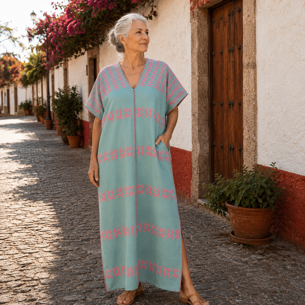 Huipil Largo Turquesa Claro con Rosa