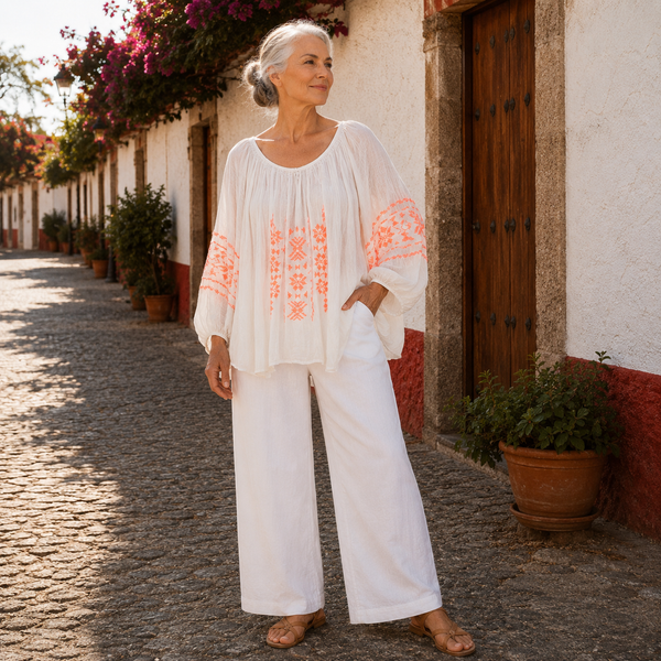 Blusa Blanca con Bordados Naranja Fosforito