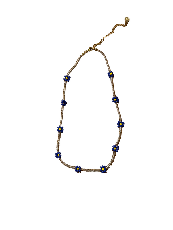 Collar Cuentas Transparentes Margaritas Azules con Amarillo