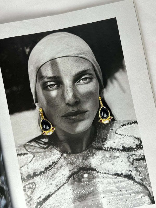 Pendientes Dorado Piedra Negra Piedra Rosa y Perla