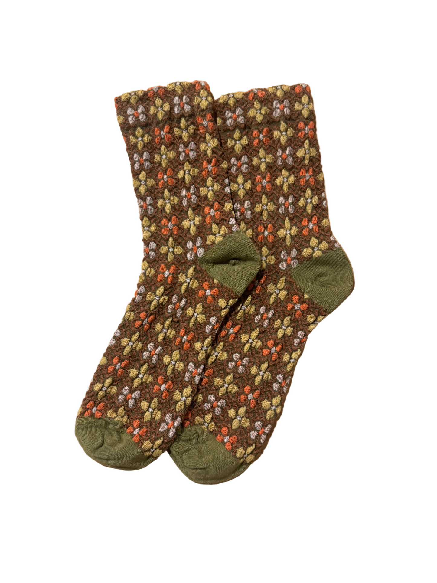 Calcetines Mujer Flores Fruncidas Verde y Marrón