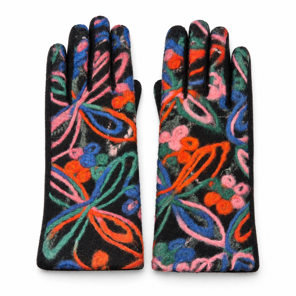 Guantes Negro con Flores Bordadas Lana