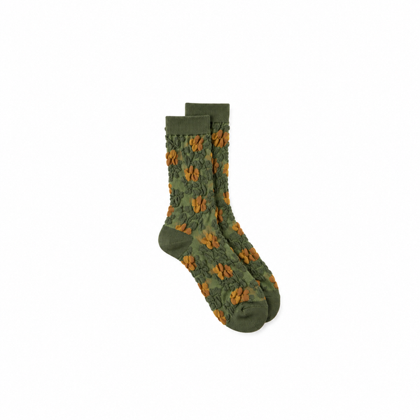 Calcetines Mujer Flores Fruncidas Bordadas Verde Caza con Marrón