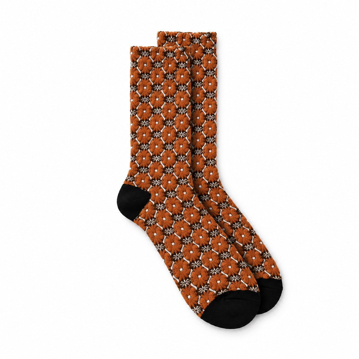 Calcetines Mujer Flores Fruncidas en Mosaico de Rombos - Negro